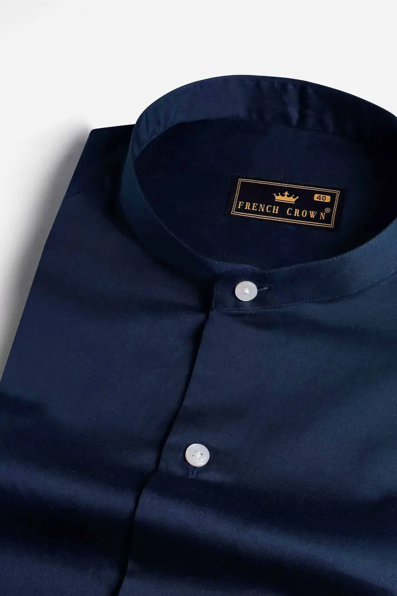 Tangaroa Blue Subtle Sheen Super  Soft Premium Cotton Mandarin Shirt 1