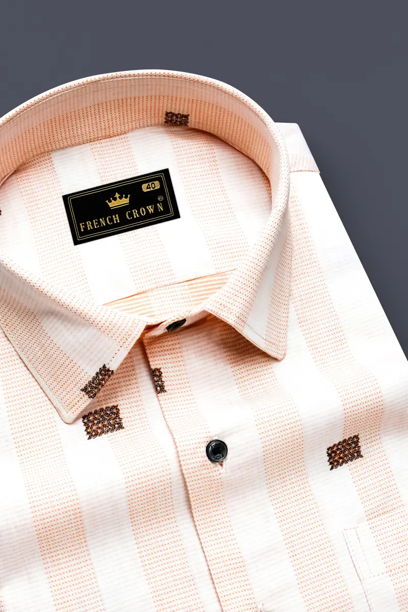 Tangerine-Melon Peach And Bright White Striped Jacquard Textured Premium Cotton Dress Shirt 1