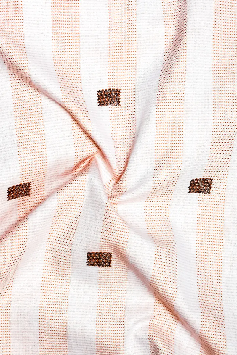 Tangerine-Melon Peach And Bright White Striped Jacquard Textured Premium Cotton Dress Shirt 2