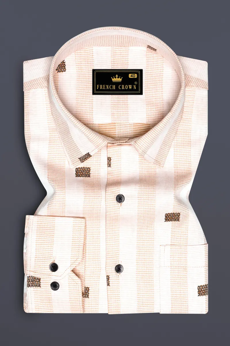 Tangerine-Melon Peach And Bright White Striped Jacquard Textured Premium Cotton Dress Shirt 3