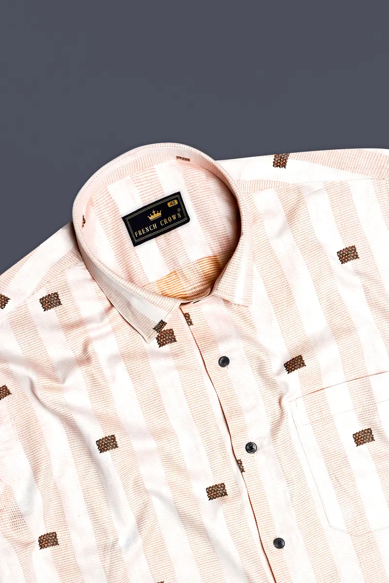 Tangerine-Melon Peach And Bright White Striped Jacquard Textured Premium Cotton Dress Shirt 4