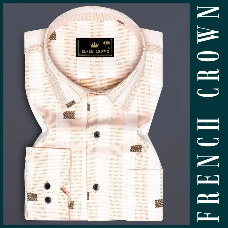 Tangerine-Melon Peach And Bright White Striped Jacquard Textured Premium Cotton Dress Shirt 5