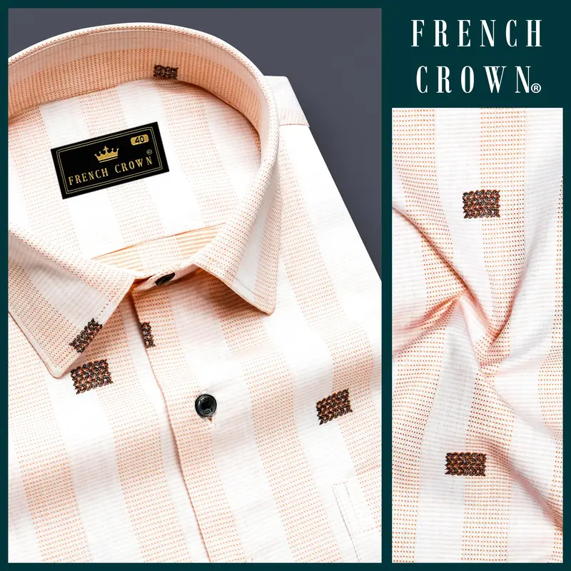 Tangerine-Melon Peach And Bright White Striped Jacquard Textured Premium Cotton Dress Shirt 8