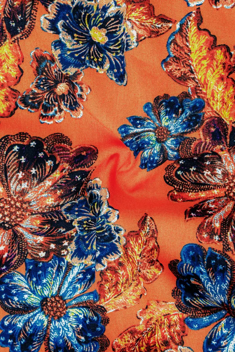 Tangerine Orange And Lapis Blue Floral Printed Super Soft Premium Cotton Designer Shirt 3