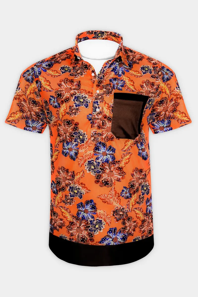 Tangerine Orange And Lapis Blue Floral Printed Super Soft Premium Cotton Designer Shirt 8