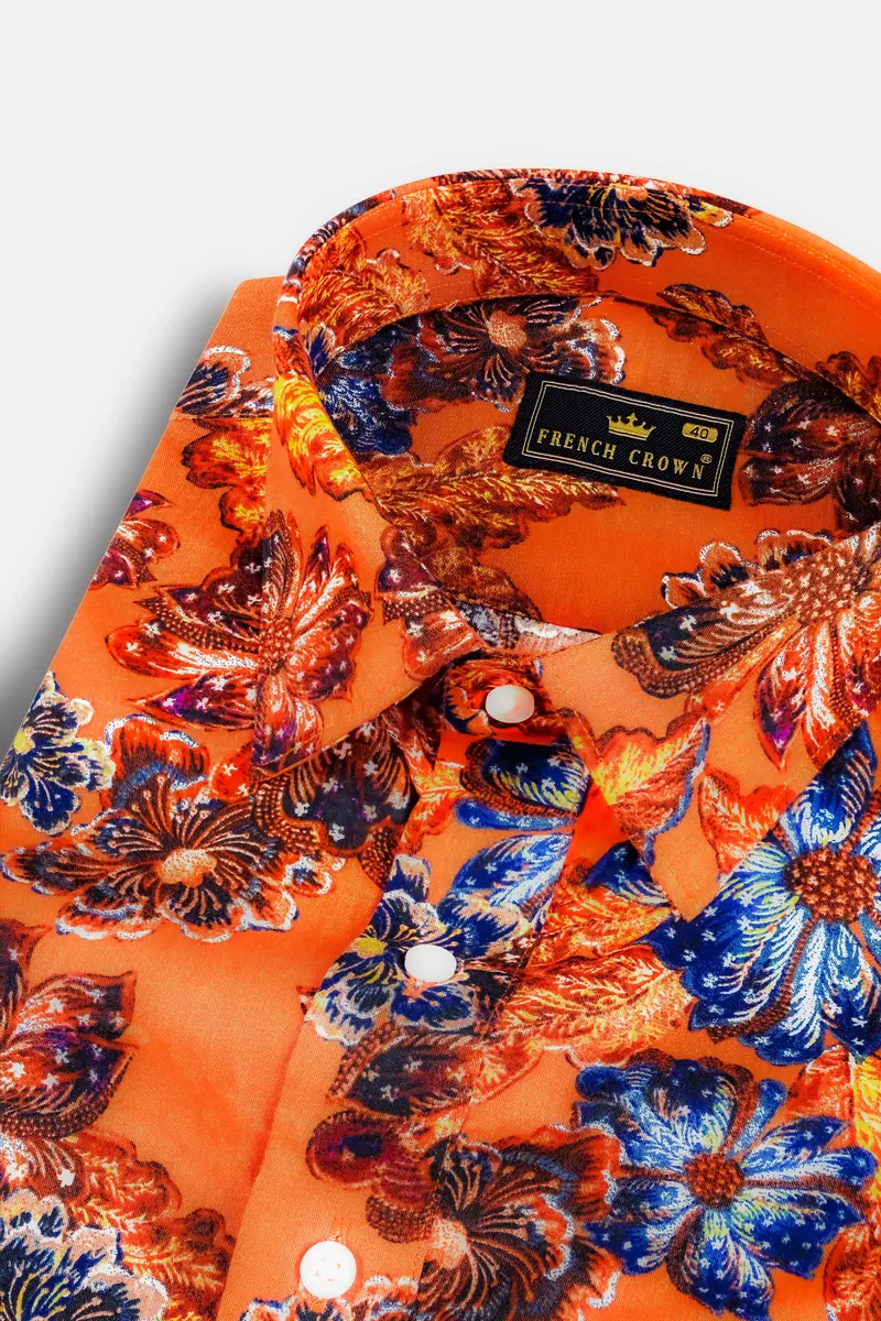 Tangerine Orange And Lapis Blue Floral Printed Super Soft Premium Cotton Designer Shirt 9