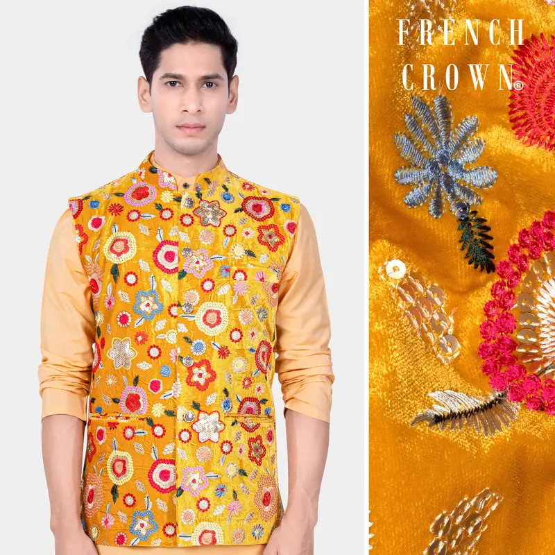 Tangerine Yellow And Alizarin Red Velvet Floral Thread Embroidered Nehru Jacket 1