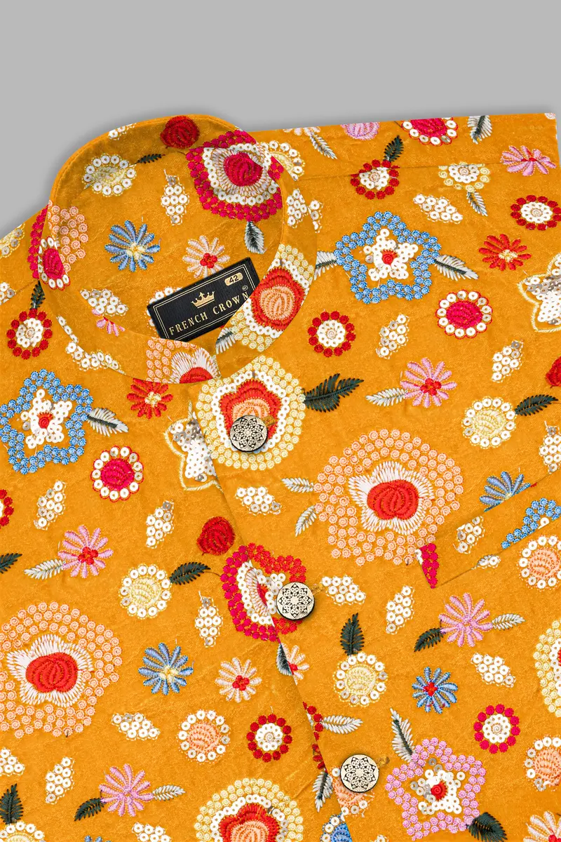 Tangerine Yellow And Alizarin Red Velvet Floral Thread Embroidered Nehru Jacket 10