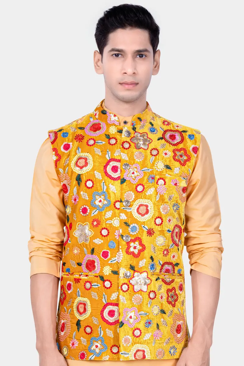 Tangerine Yellow And Alizarin Red Velvet Floral Thread Embroidered Nehru Jacket 2