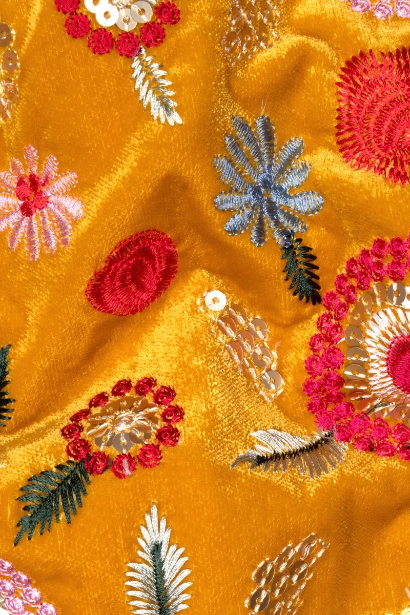 Tangerine Yellow And Alizarin Red Velvet Floral Thread Embroidered Nehru Jacket 3