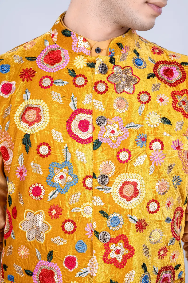 Tangerine Yellow And Alizarin Red Velvet Floral Thread Embroidered Nehru Jacket 4