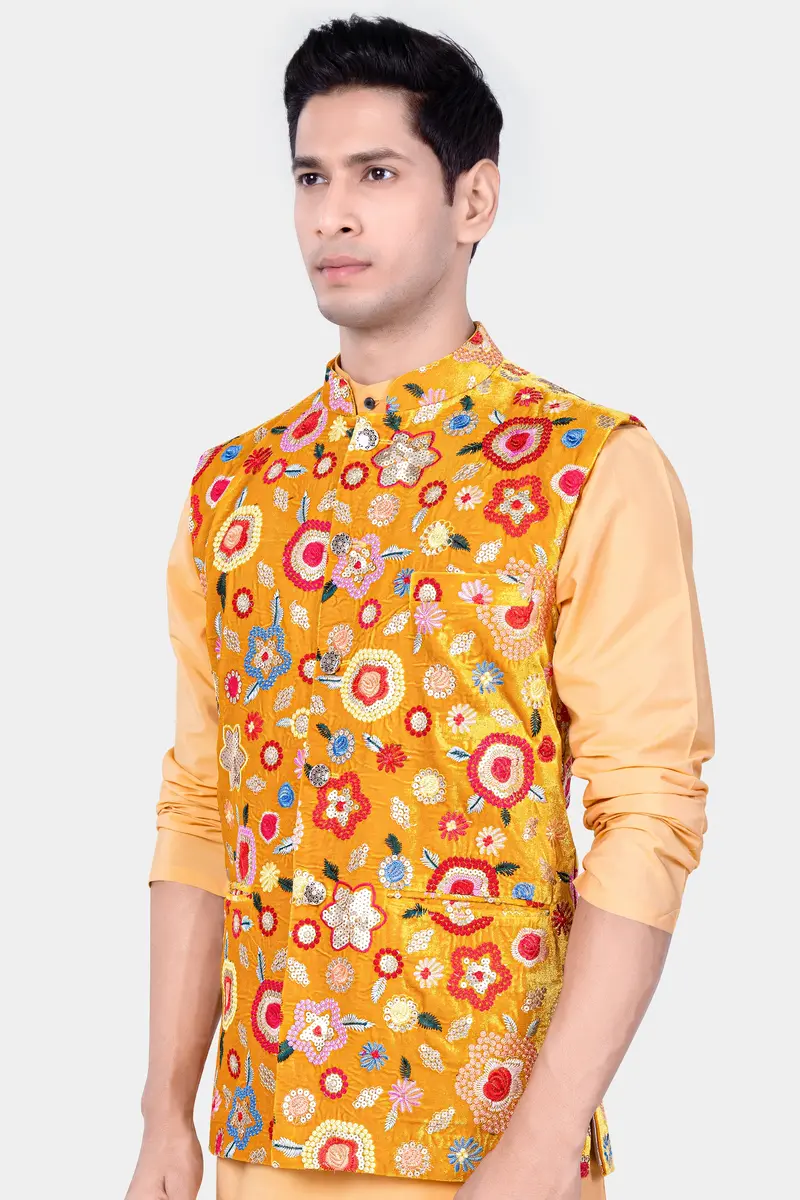 Tangerine Yellow And Alizarin Red Velvet Floral Thread Embroidered Nehru Jacket 5