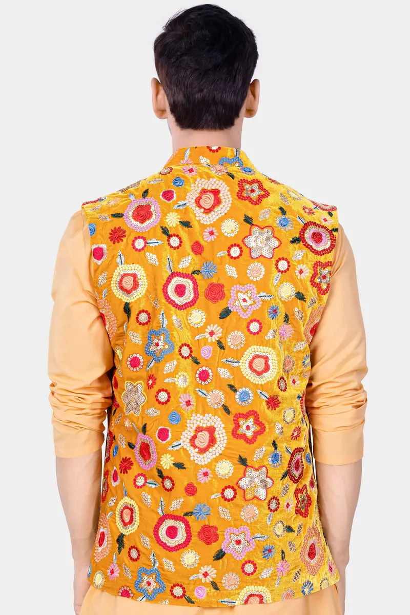 Tangerine Yellow And Alizarin Red Velvet Floral Thread Embroidered Nehru Jacket 6