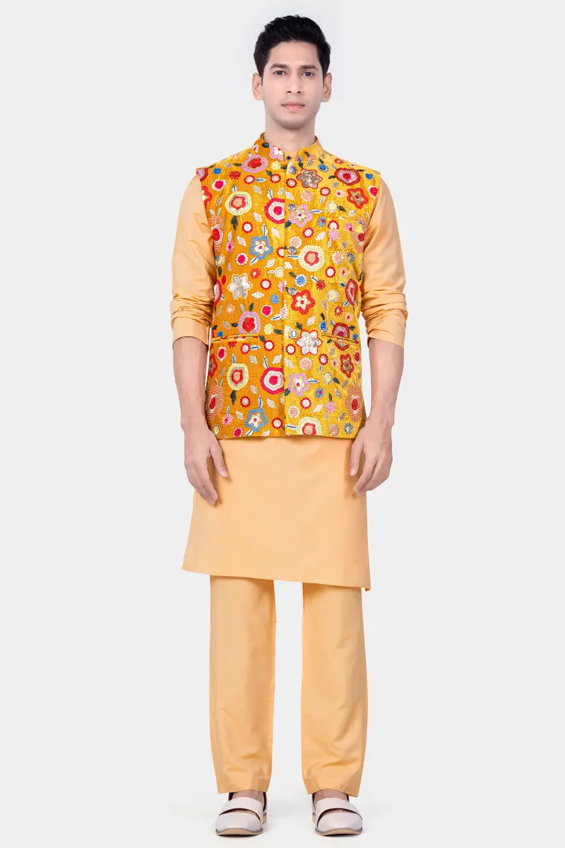 Tangerine Yellow And Alizarin Red Velvet Floral Thread Embroidered Nehru Jacket 7