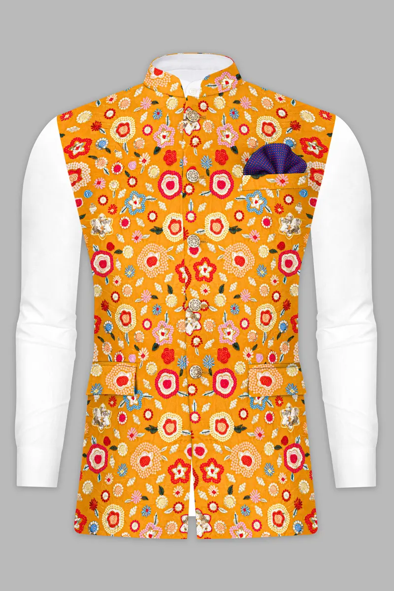 Tangerine Yellow And Alizarin Red Velvet Floral Thread Embroidered Nehru Jacket 8