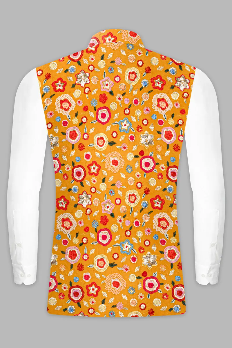 Tangerine Yellow And Alizarin Red Velvet Floral Thread Embroidered Nehru Jacket 9