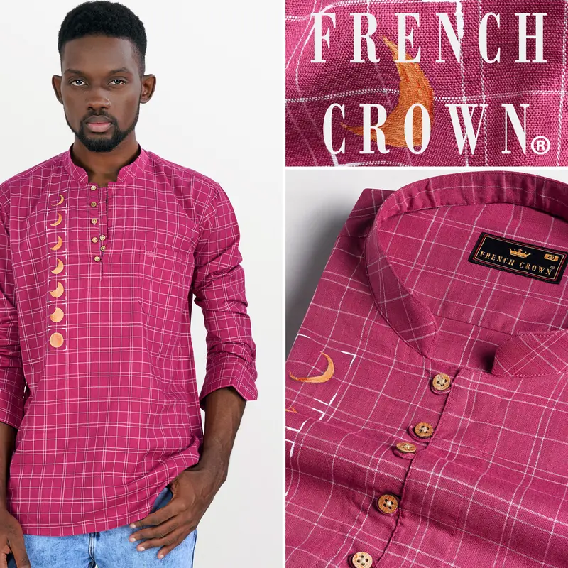 Tapestry Pink Checkered Hand Painted Luxurious Linen Designer Kurta Shirt 1