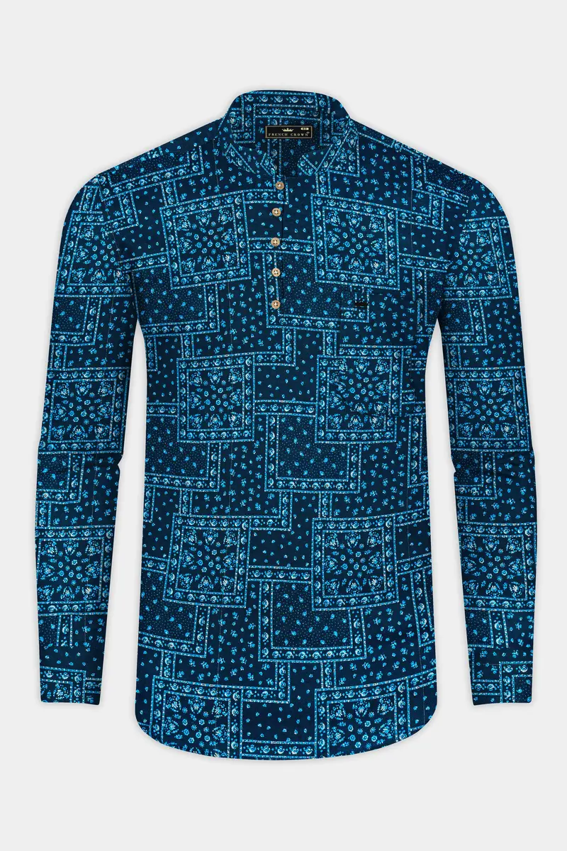 Tarawera Blue Luxurious Linen Designer Kurta Shirt 5