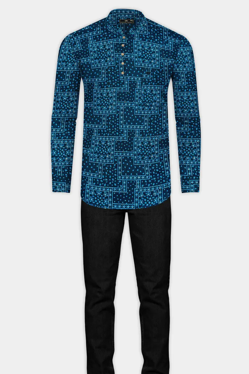 Tarawera Blue Luxurious Linen Designer Kurta Shirt 7