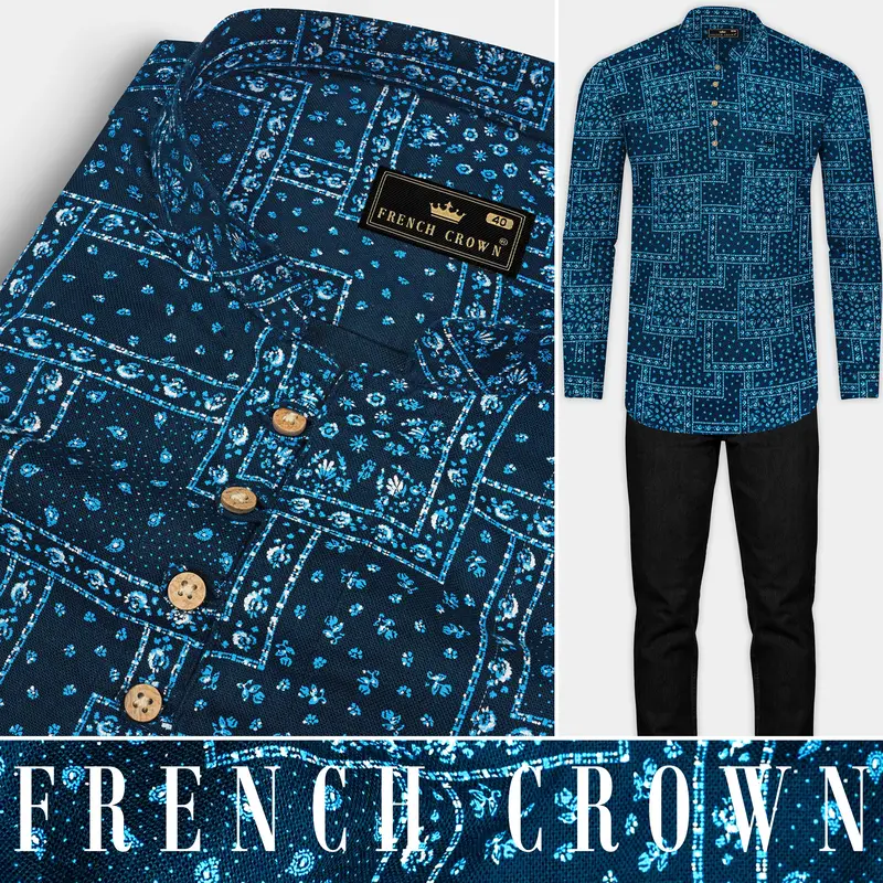Tarawera Blue Luxurious Linen Designer Kurta Shirt 9