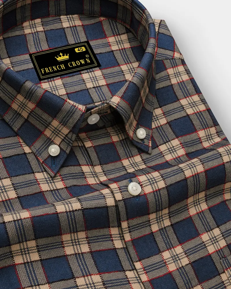 Tarawera Blue With Tequila Light Brown Plaid Dobby Textured Premium Giza Cotton Shirt 1
