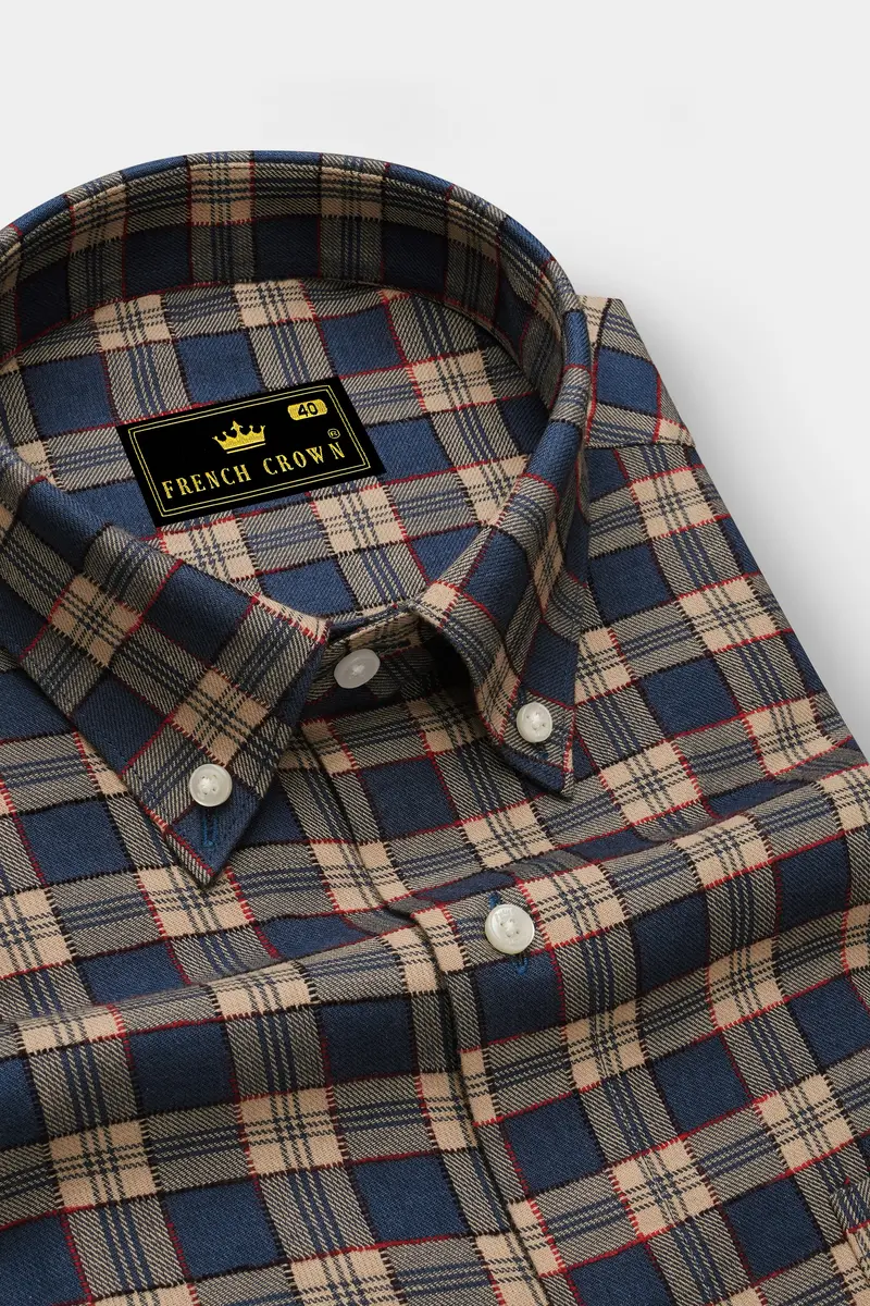 Tarawera Blue With Tequila Light Brown Plaid Dobby Textured Premium Giza Cotton Shirt 2
