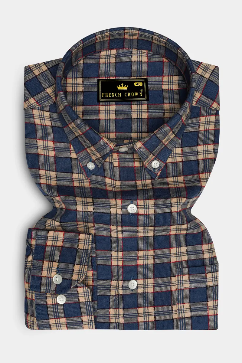 Tarawera Blue With Tequila Light Brown Plaid Dobby Textured Premium Giza Cotton Shirt 4