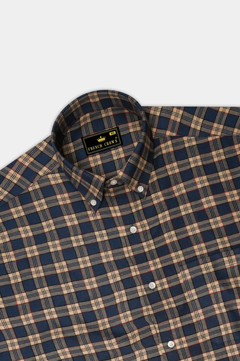 Tarawera Blue With Tequila Light Brown Plaid Dobby Textured Premium Giza Cotton Shirt 5