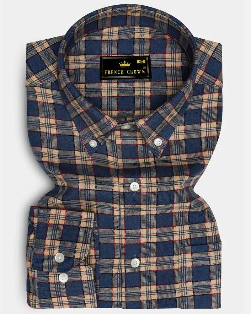 Tarawera Blue With Tequila Light Brown Plaid Dobby Textured Premium Giza Cotton Shirt 6