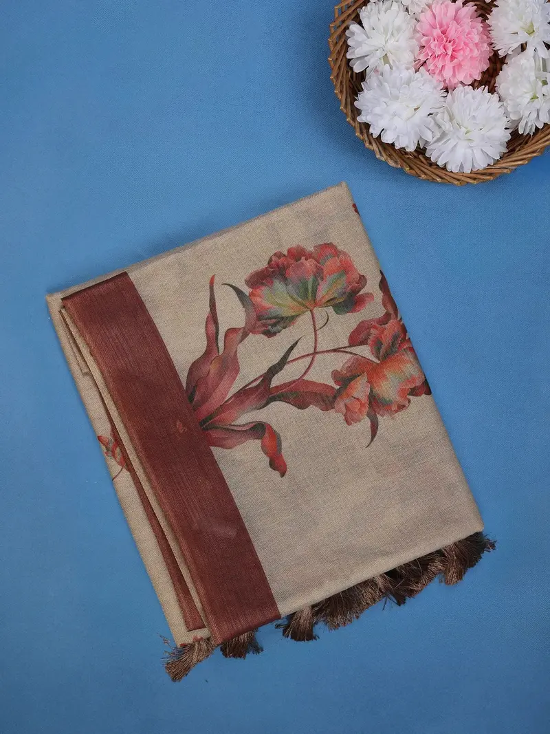 Taupe Beige Floral Design Semi Tissue Saree 1