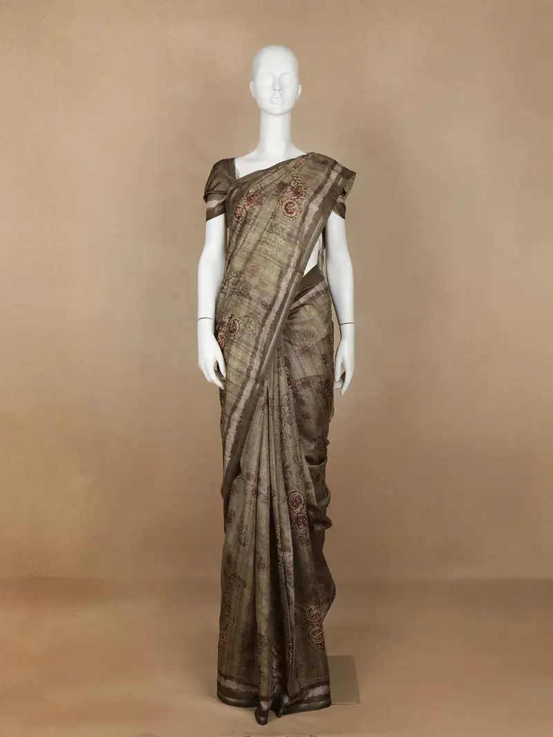 Taupe Brown Abstract Designed Semi Tussar Silk Saree 1