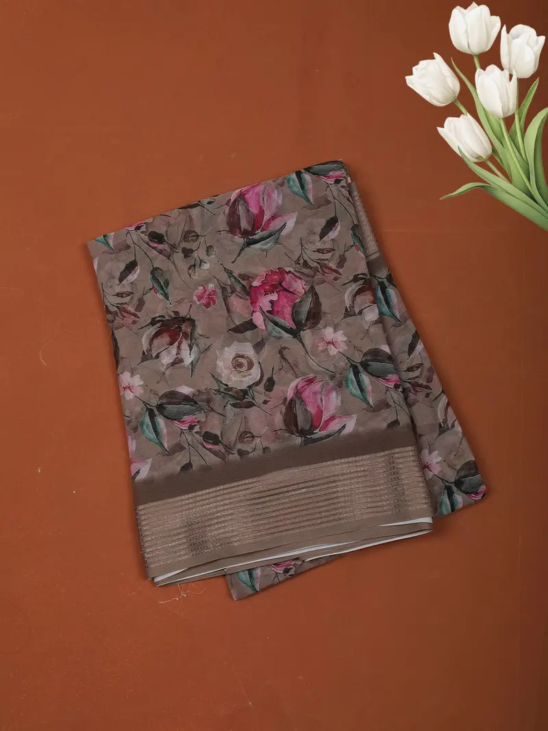 Taupe Brown Floral Printed Design Chiffon Casual Saree With Striped Border 1