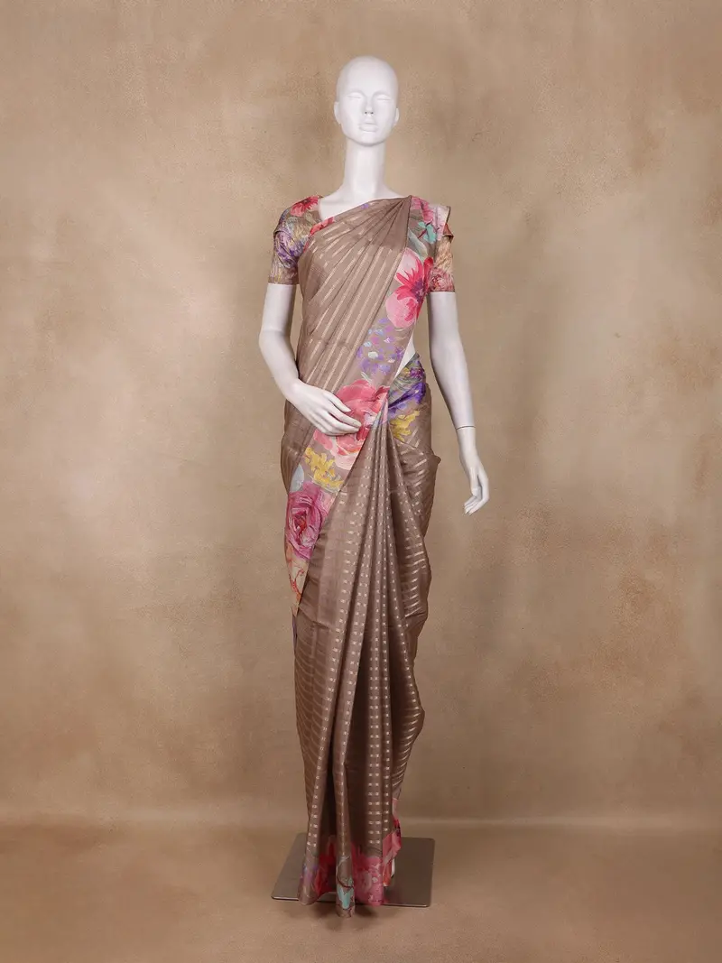 Taupe Brown Striped Design Semi Tussar Silk Saree 1