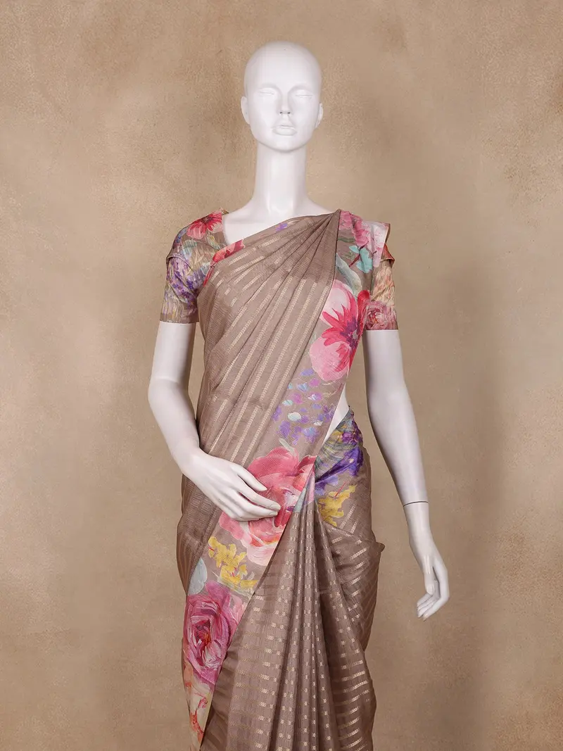 Taupe Brown Striped Design Semi Tussar Silk Saree 2