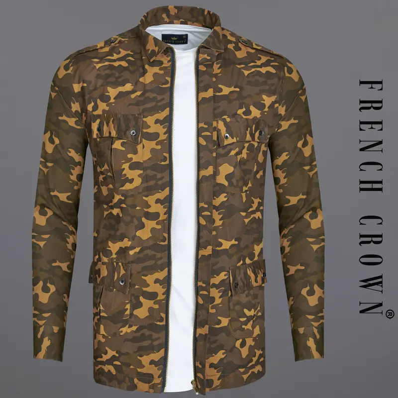 Taupe Brown With Birch Green Camouflage Royal Oxford Overshirt/Shacket With Zipper Closure 1