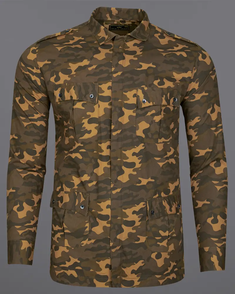 Taupe Brown With Birch Green Camouflage Royal Oxford Overshirt/Shacket With Zipper Closure 10