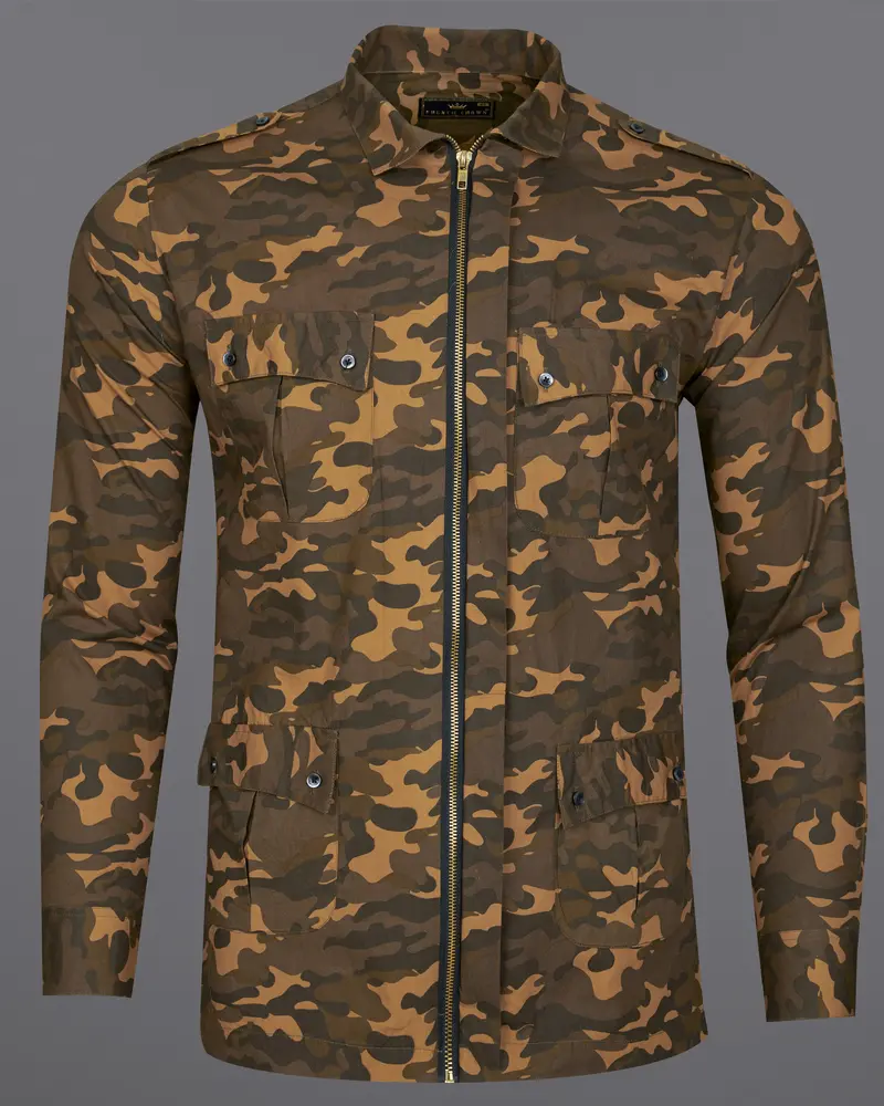 Taupe Brown With Birch Green Camouflage Royal Oxford Overshirt/Shacket With Zipper Closure 11