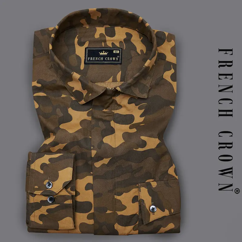 Taupe Brown With Birch Green Camouflage Royal Oxford Overshirt/Shacket With Zipper Closure 12