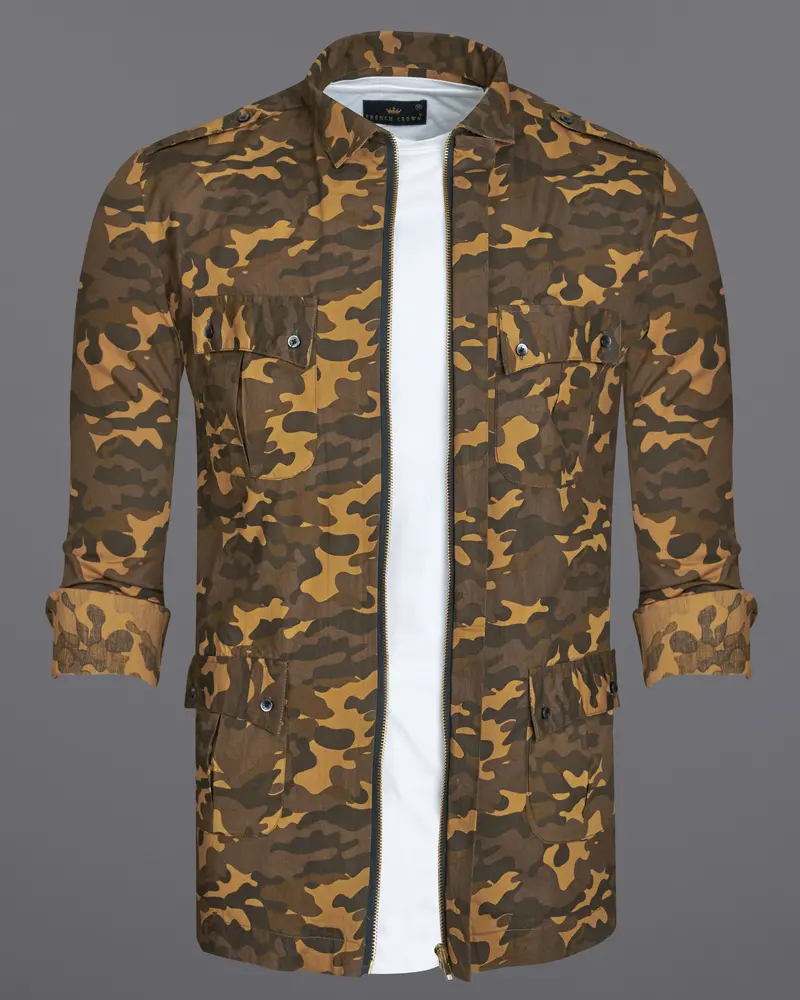 Taupe Brown With Birch Green Camouflage Royal Oxford Overshirt/Shacket With Zipper Closure 14