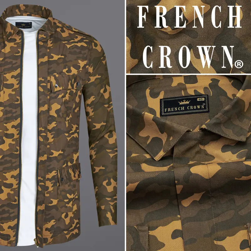 Taupe Brown With Birch Green Camouflage Royal Oxford Overshirt/Shacket With Zipper Closure 16