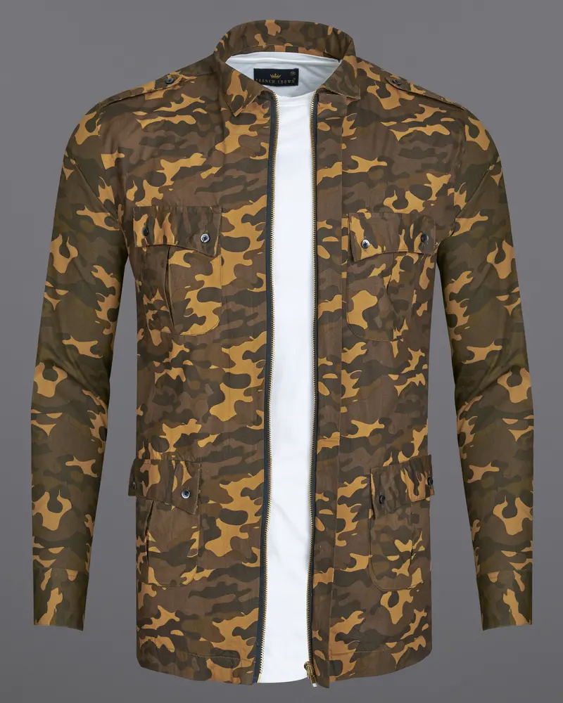 Taupe Brown With Birch Green Camouflage Royal Oxford Overshirt/Shacket With Zipper Closure 2
