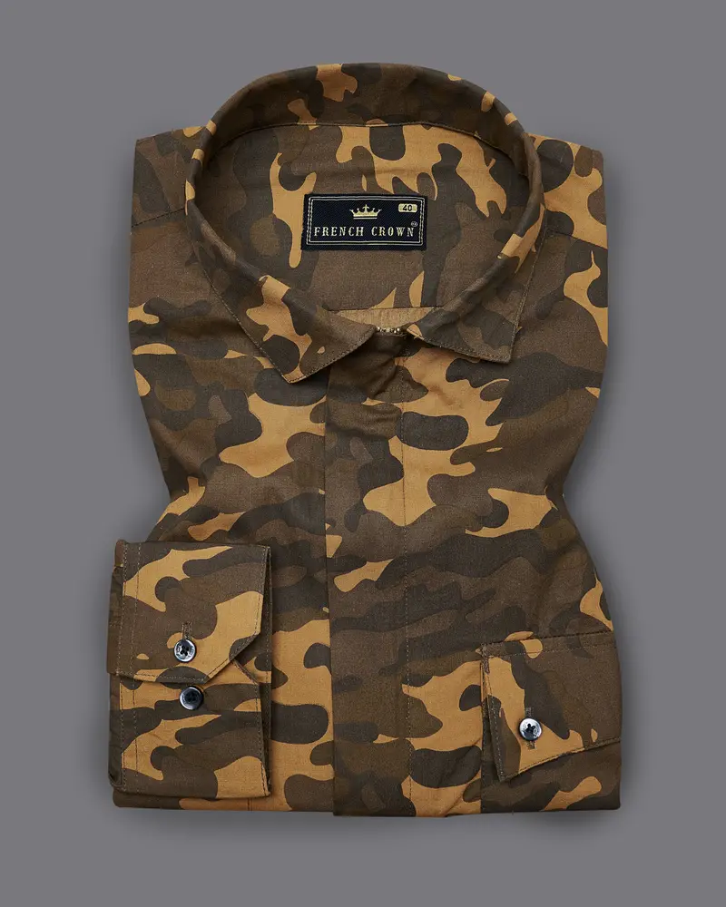 Taupe Brown With Birch Green Camouflage Royal Oxford Overshirt/Shacket With Zipper Closure 6