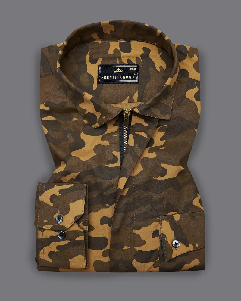 Taupe Brown With Birch Green Camouflage Royal Oxford Overshirt/Shacket With Zipper Closure 7