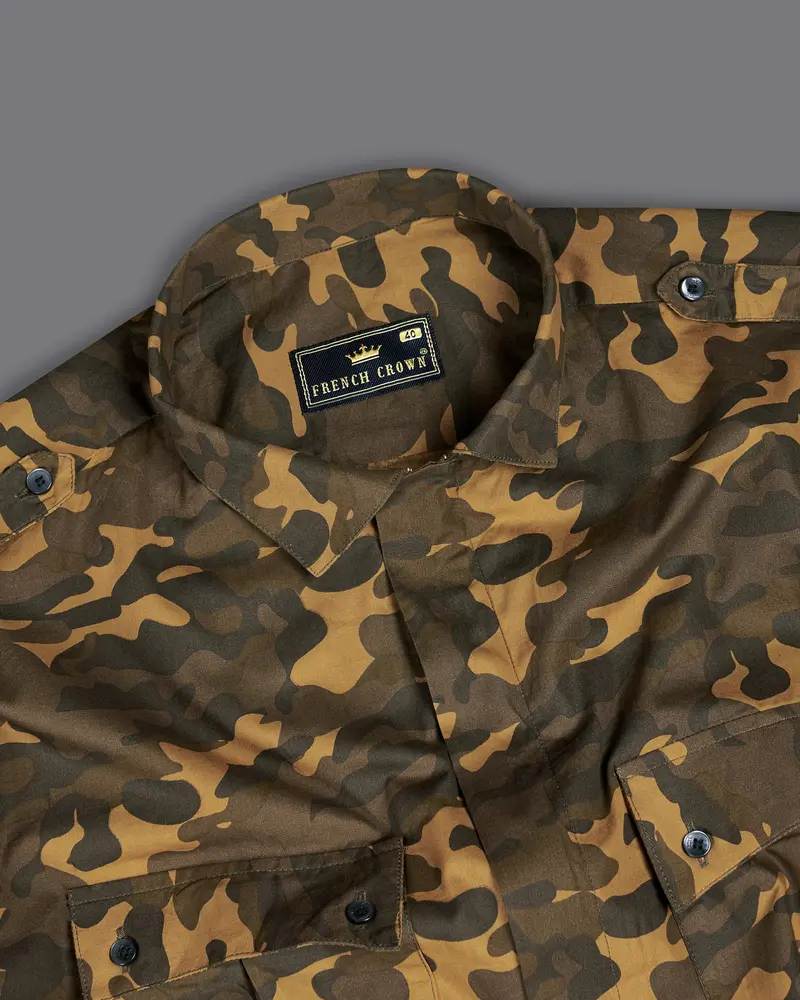 Taupe Brown With Birch Green Camouflage Royal Oxford Overshirt/Shacket With Zipper Closure 8