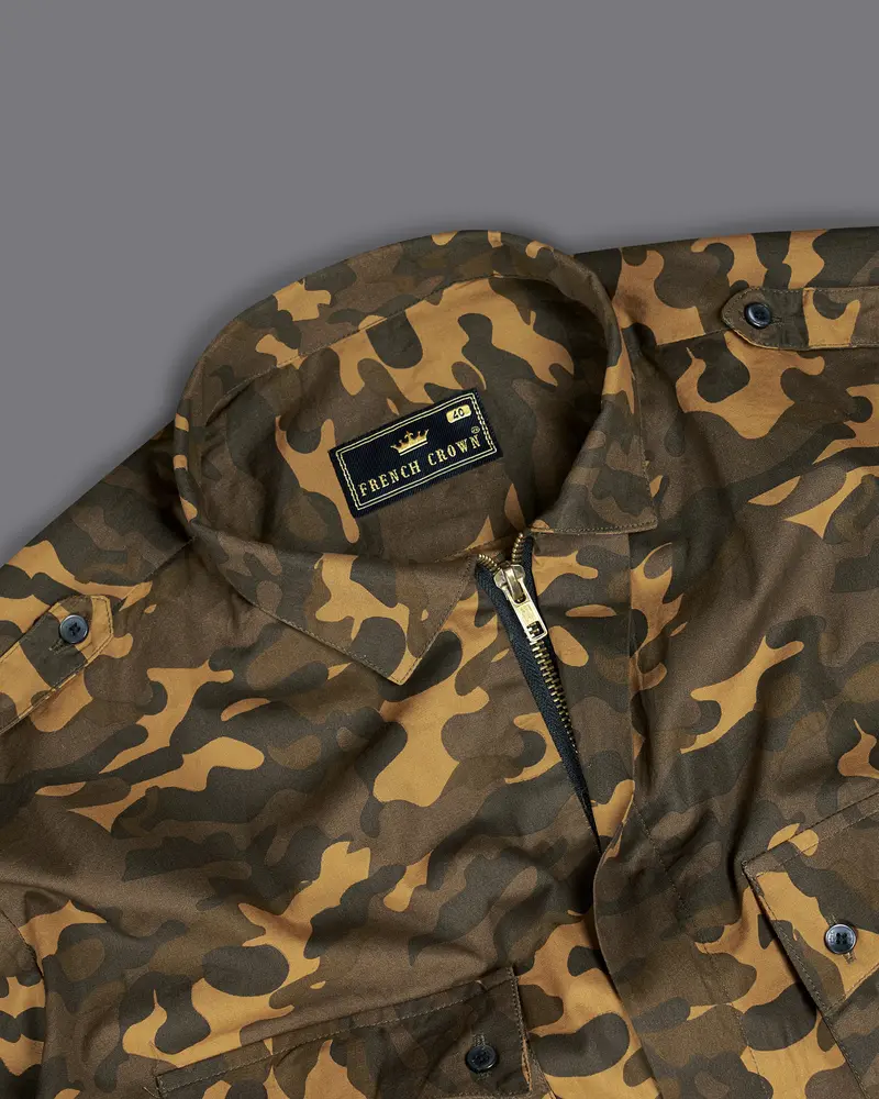 Taupe Brown With Birch Green Camouflage Royal Oxford Overshirt/Shacket With Zipper Closure 9