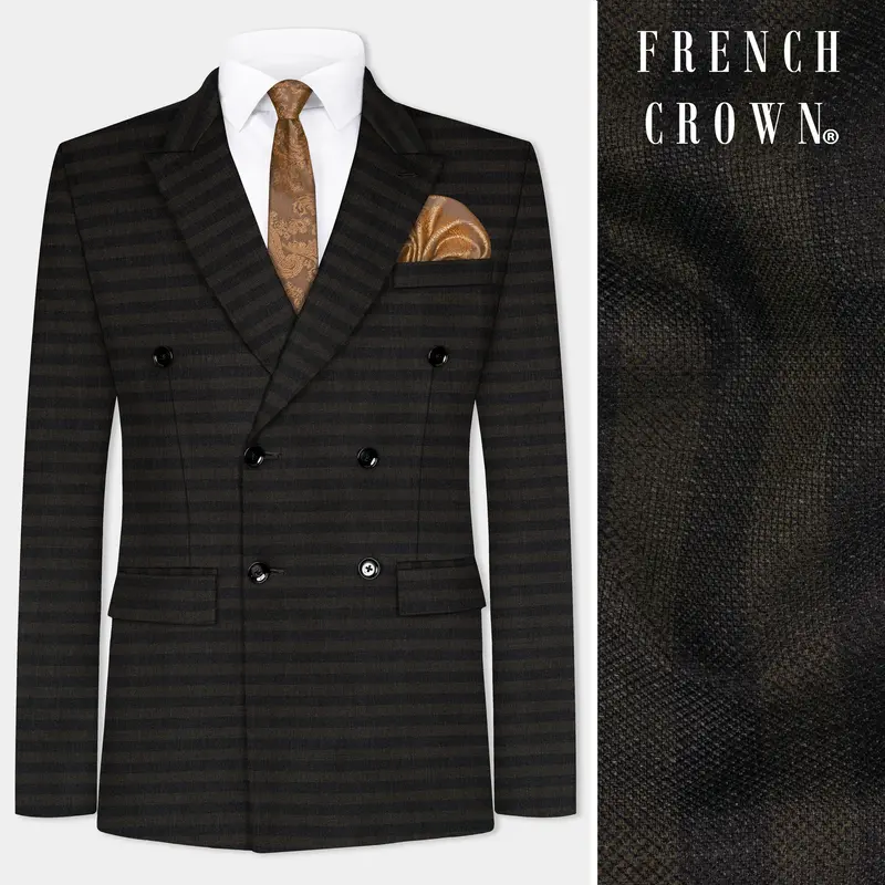 Taupe Brown With Jade Black Striped Wool Blend Double Breasted Blazer 1
