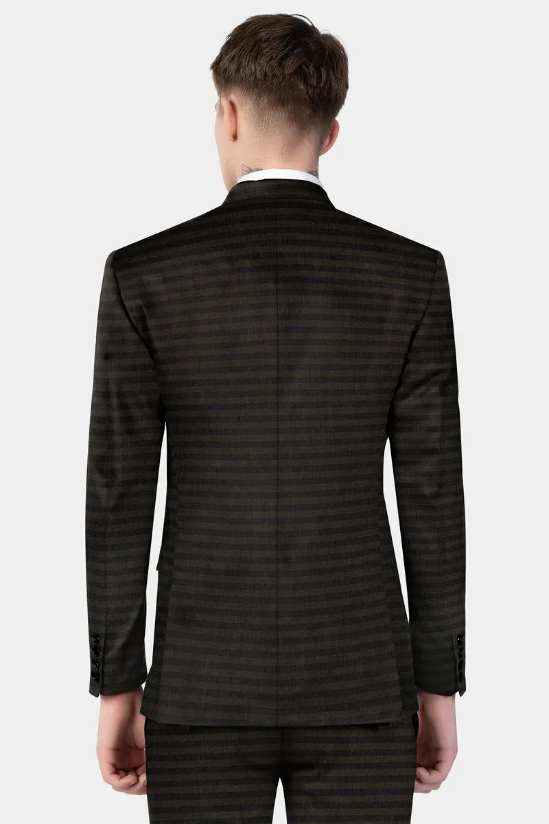 Taupe Brown With Jade Black Striped Wool Blend Double Breasted Blazer 10