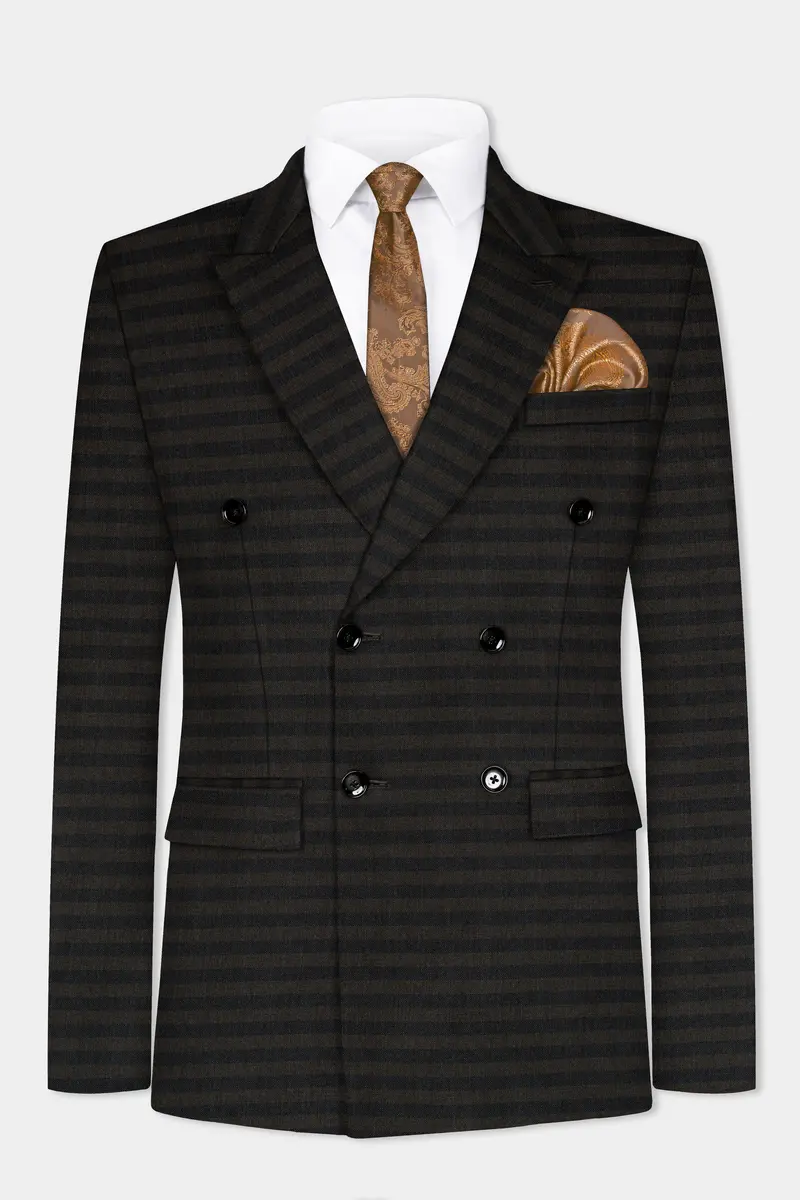 Taupe Brown With Jade Black Striped Wool Blend Double Breasted Blazer 2