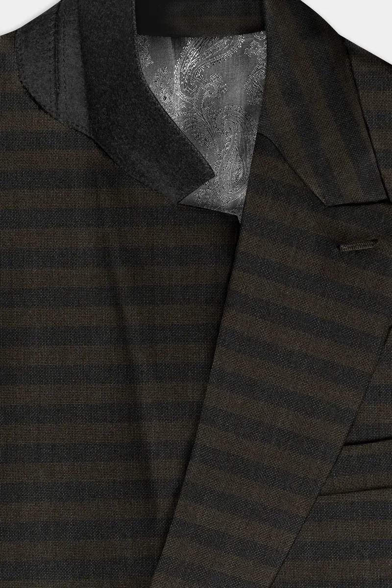 Taupe Brown With Jade Black Striped Wool Blend Double Breasted Blazer 4