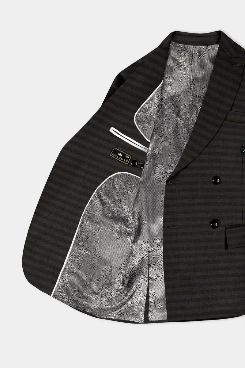 Taupe Brown With Jade Black Striped Wool Blend Double Breasted Blazer 5